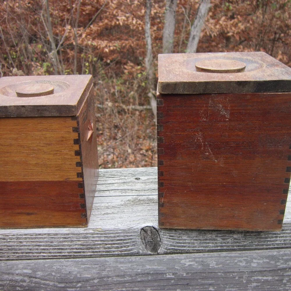 MCM Wood Kitchen Canisters Vintage Hand Carved Hardwood Japan CI Star Nesting